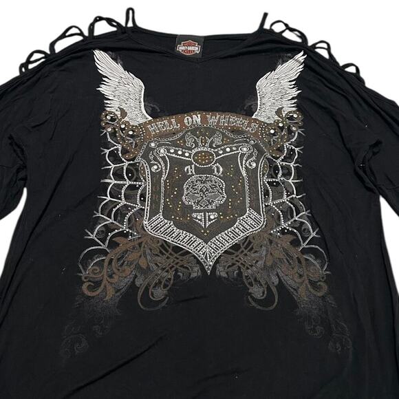 Harley Davidson Motorcycles Studded Spiderweb Cross Top - Picture 2 of 3